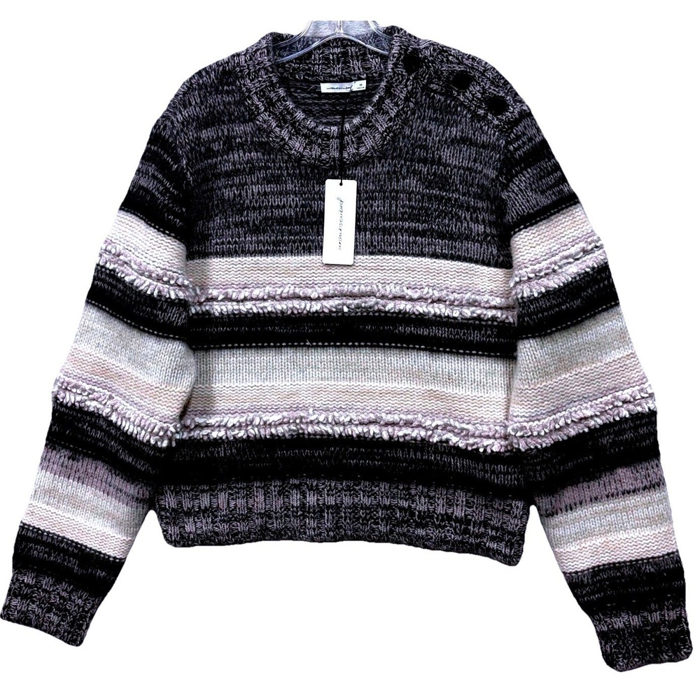 Unsubscribed Cashmere Blend Striped Sweater Button Shoulder Crewneck Grey Medium